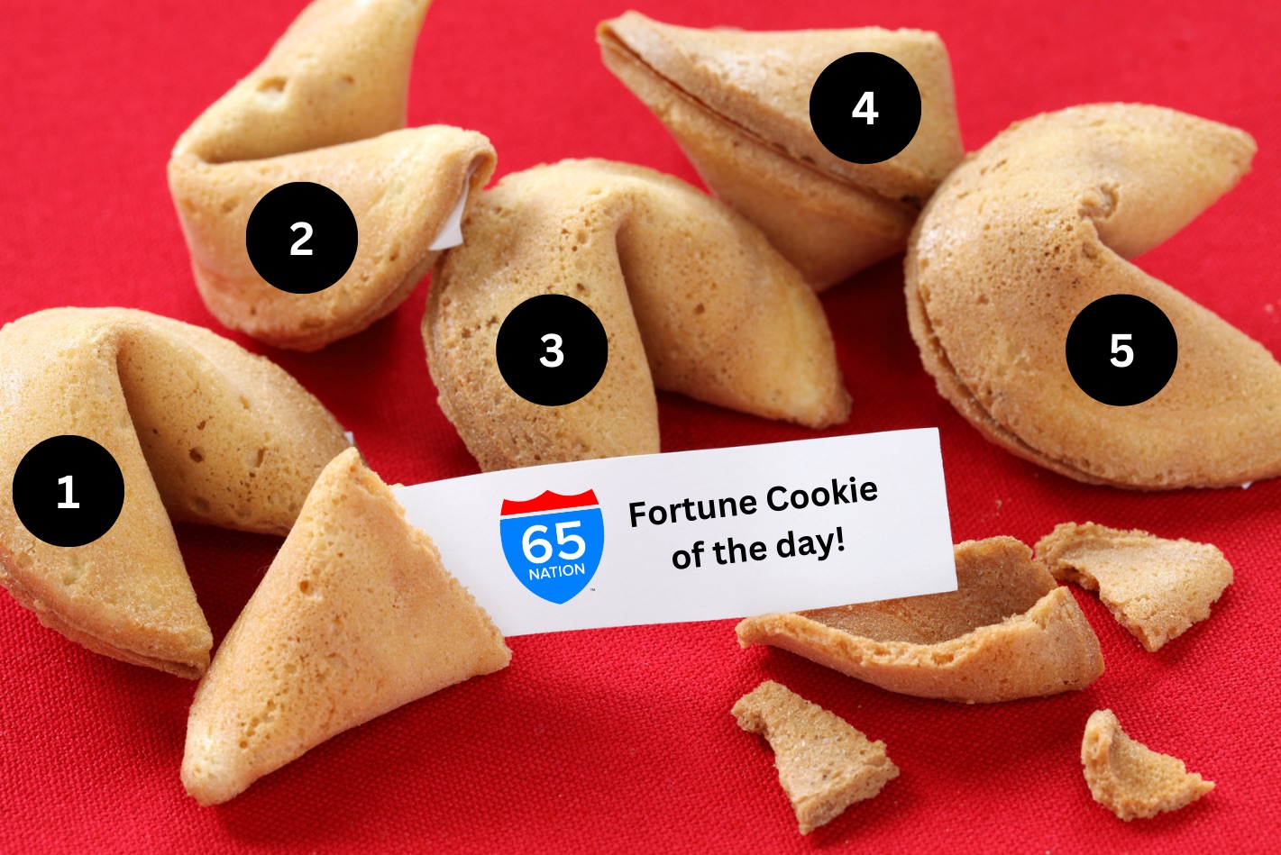 Five numbered fortune cookies on a red table